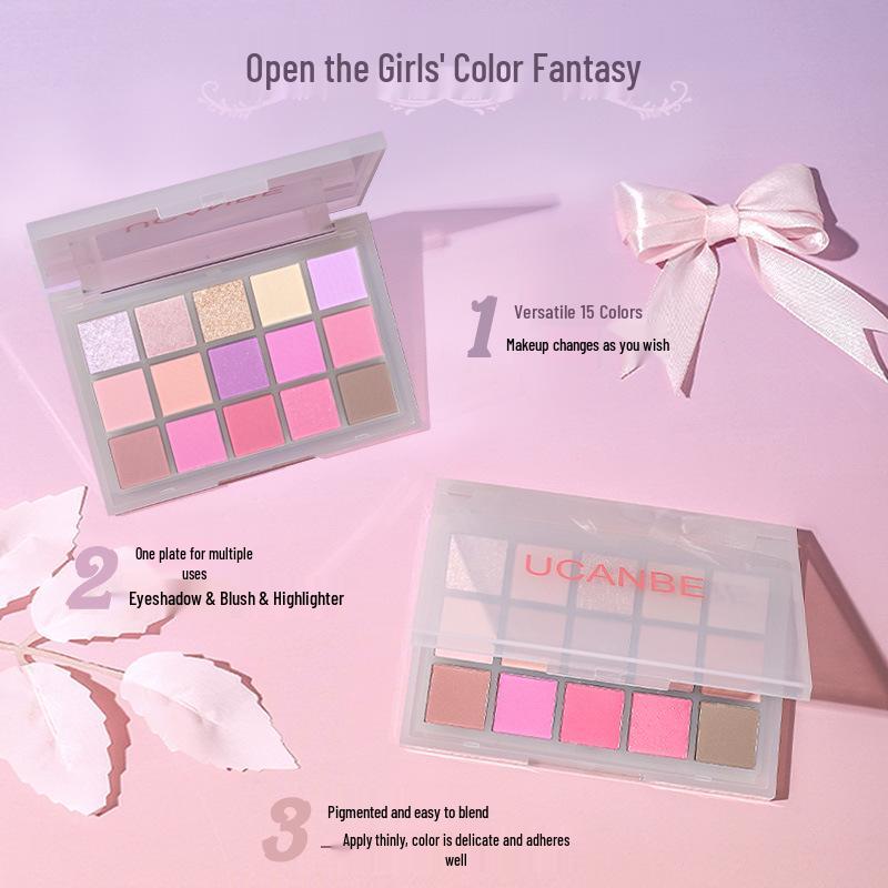 UCANBE Ice Mist 15-Color Eyeshadow Palette: Brightening Pearlescent & Matte, Waterproof, Purple-Pink Tones, Portable.