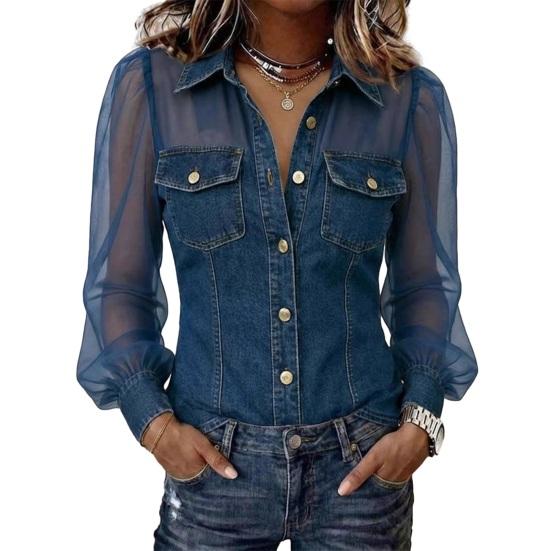 Dame Skjorte Gjennomsiktig Mesh Lappeteppe Kald Skulder Langermet Denim Topper Krage Knapper Stolpe Skjorte Country Konsert Klær