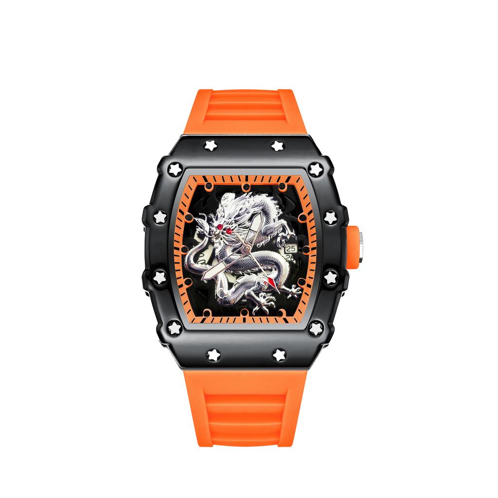 Domineering High-Value Fashion Trend Luminous Waterproof Wine Barrel-Shaped Men'S Watch Silver Dragon