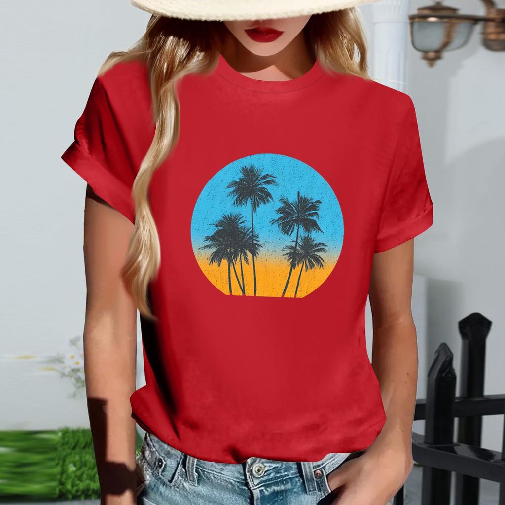 Women's Fashionable Round Neck Casual Retro Print Short Sleeved T-shirt Top
