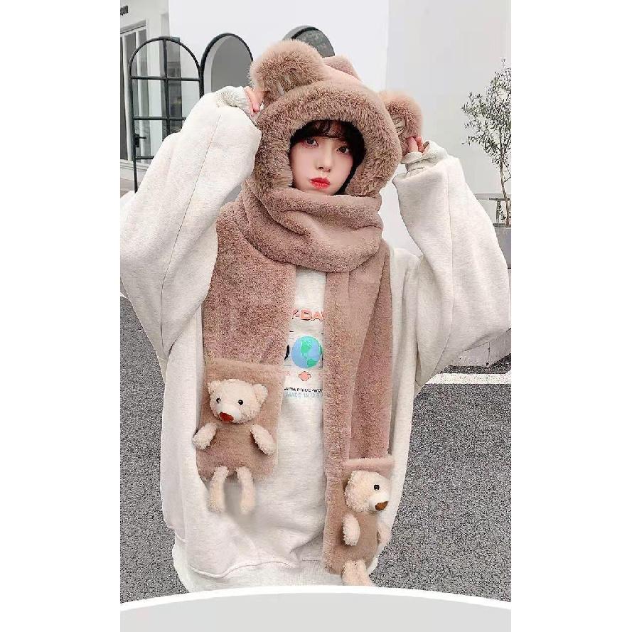 Three-piece hat set for women, autumn and winter, with fleece lining, thickened, integrated scarf and gloves, plush, warm, Korean style, ear
