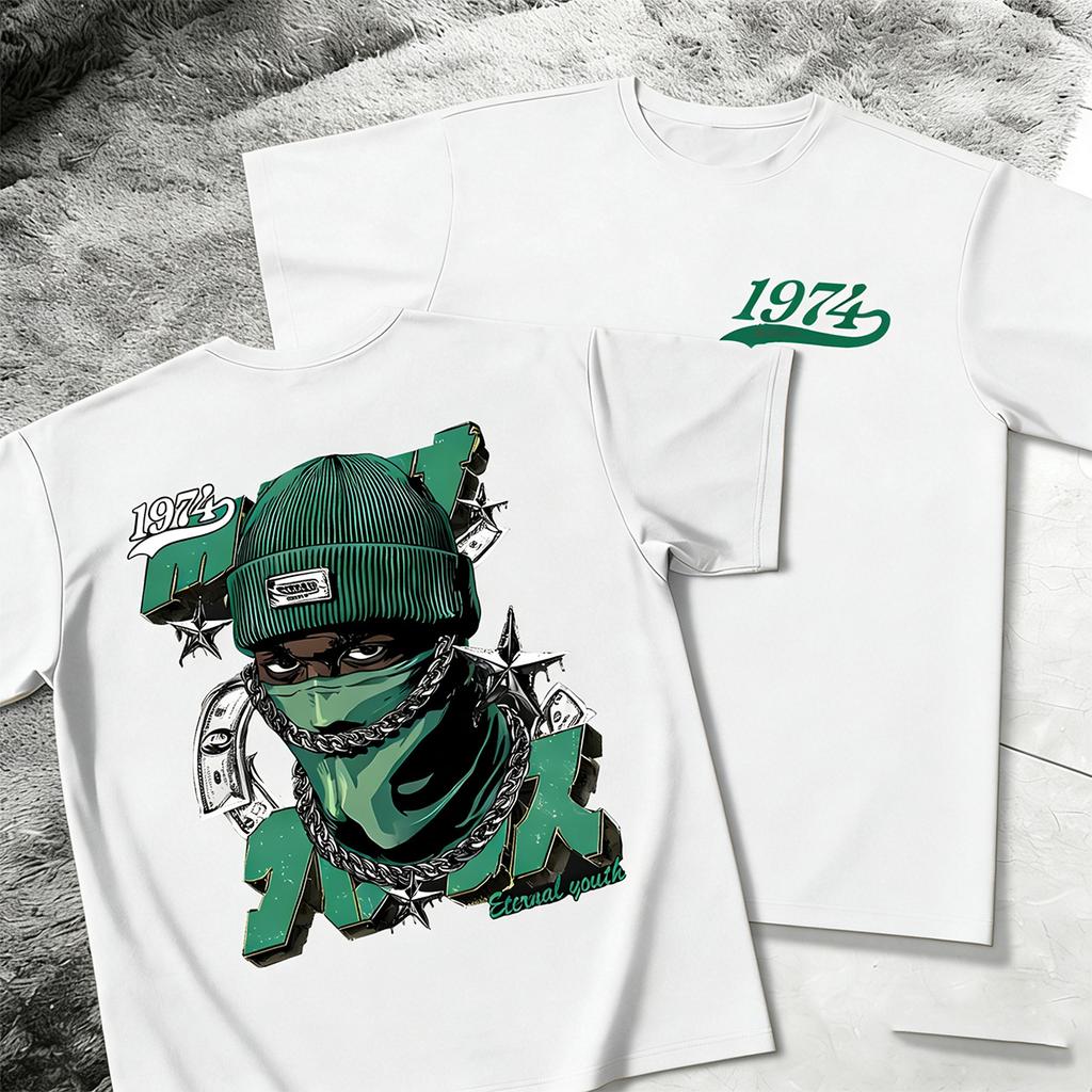 Street Hip-Hop Style Short-Sleeve T-Shirt with Money, Stars, and Masked Man Print – Trendy Couple T-Shirt