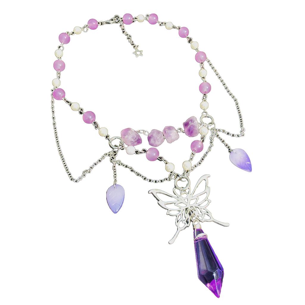 Handmade Natural Crystal Angel Necklace Butterfly Wing Pendant Necklaces Multi-Layer Tassels Choker Clavicle Chain Gift