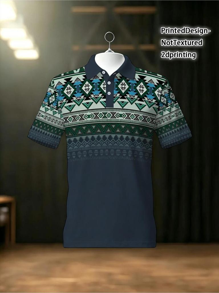 Men's Outdoor Polo Shirt, Ethnic Geometric Pattern, Polyester Fabric, Mixed Color, Multiple Sizes Available, Suitable for Hiking & Outdoor Leisure,