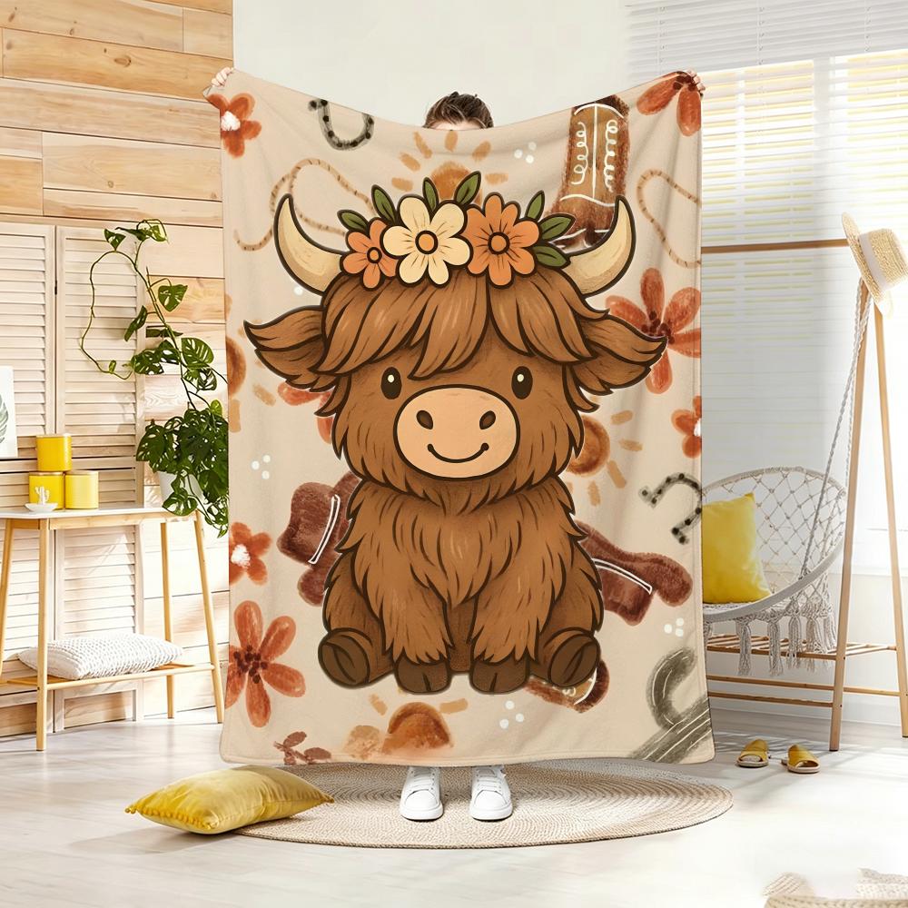 Cute Cartoon Highland Cow Throw Lightweight 240g Flannel Blanket Soft Skin-friendly for Summer Cooling