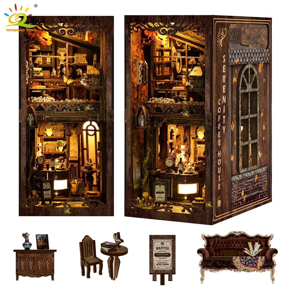 Maquette Maison de Café Rétro DIY Puzzle en Bois 3D Assemblage Étagère Coin Lecture Kits de Construction Miniature Jouets Faits Main