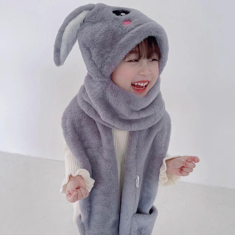 Kids Unisex Warm Ear-Protecting Hat With Moving Bunny Ears Integrated Scarf Winter Outdoor Use
