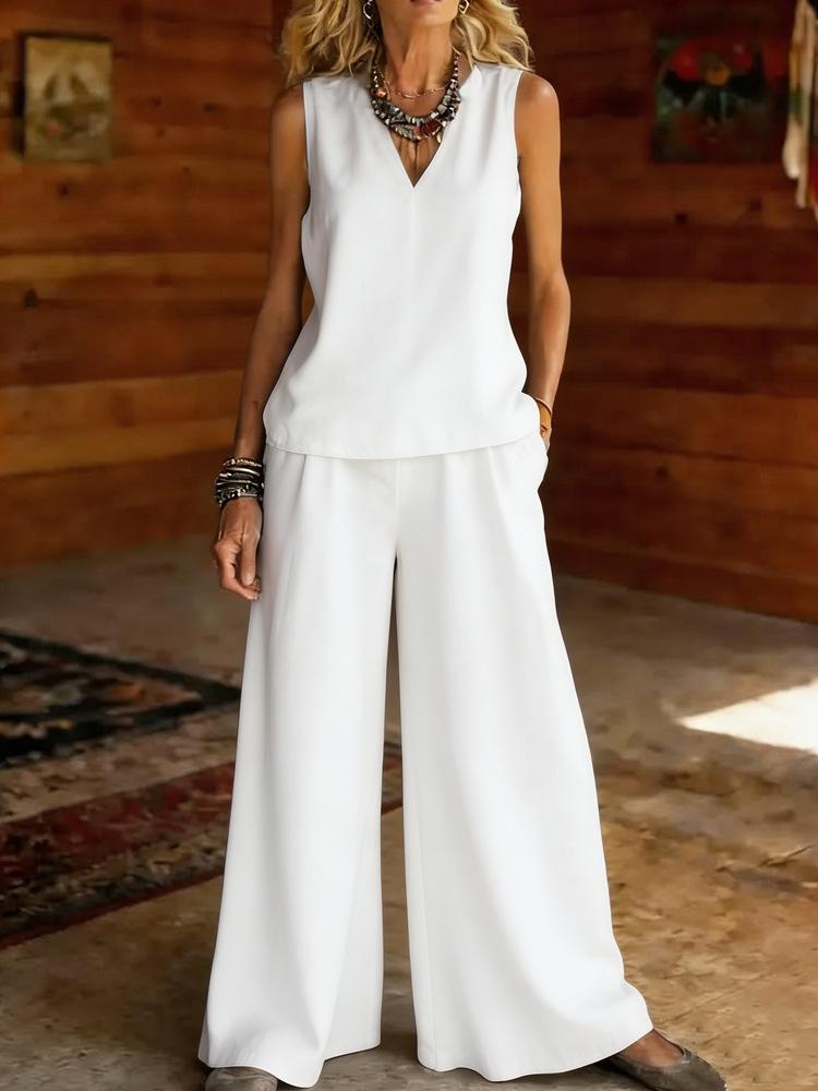 2026 Amazon Europe and the United States Cross-border Explosion Solid Color Elegant Two-piece Set V-neck Vest and Wide-leg Pants Set Women's Clothing