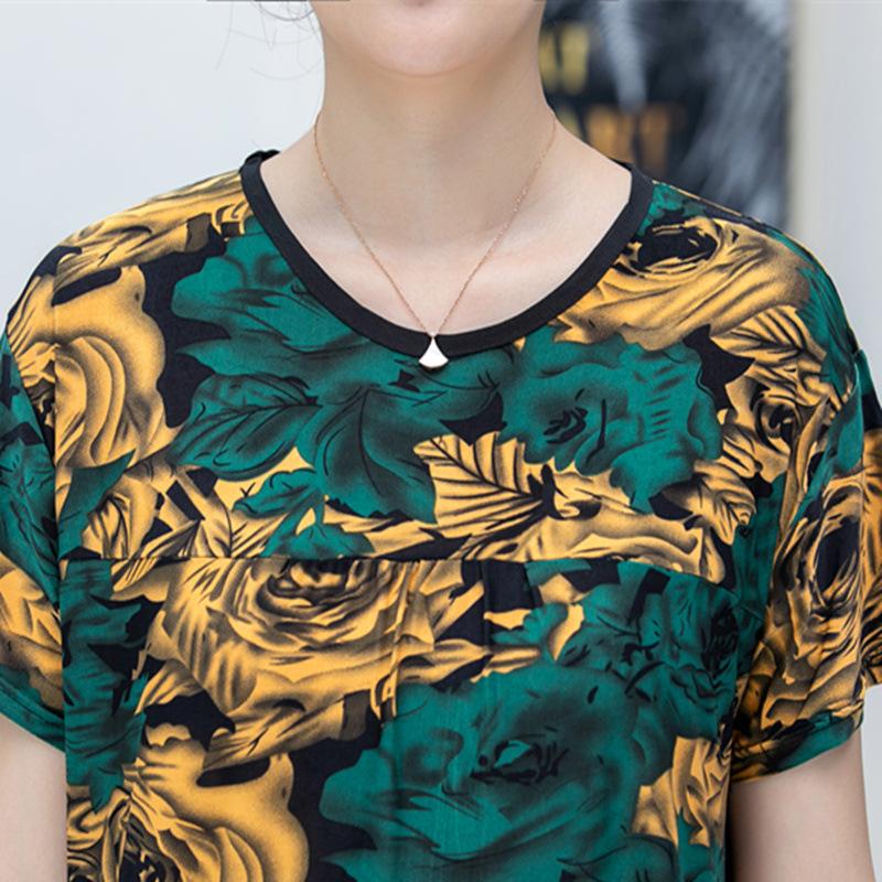 Summer Short-sleeved Ice Silk T-shirt Women's Round Neck Large Size Loose Elastic Multicolor Tops Female Casual Print Blouse