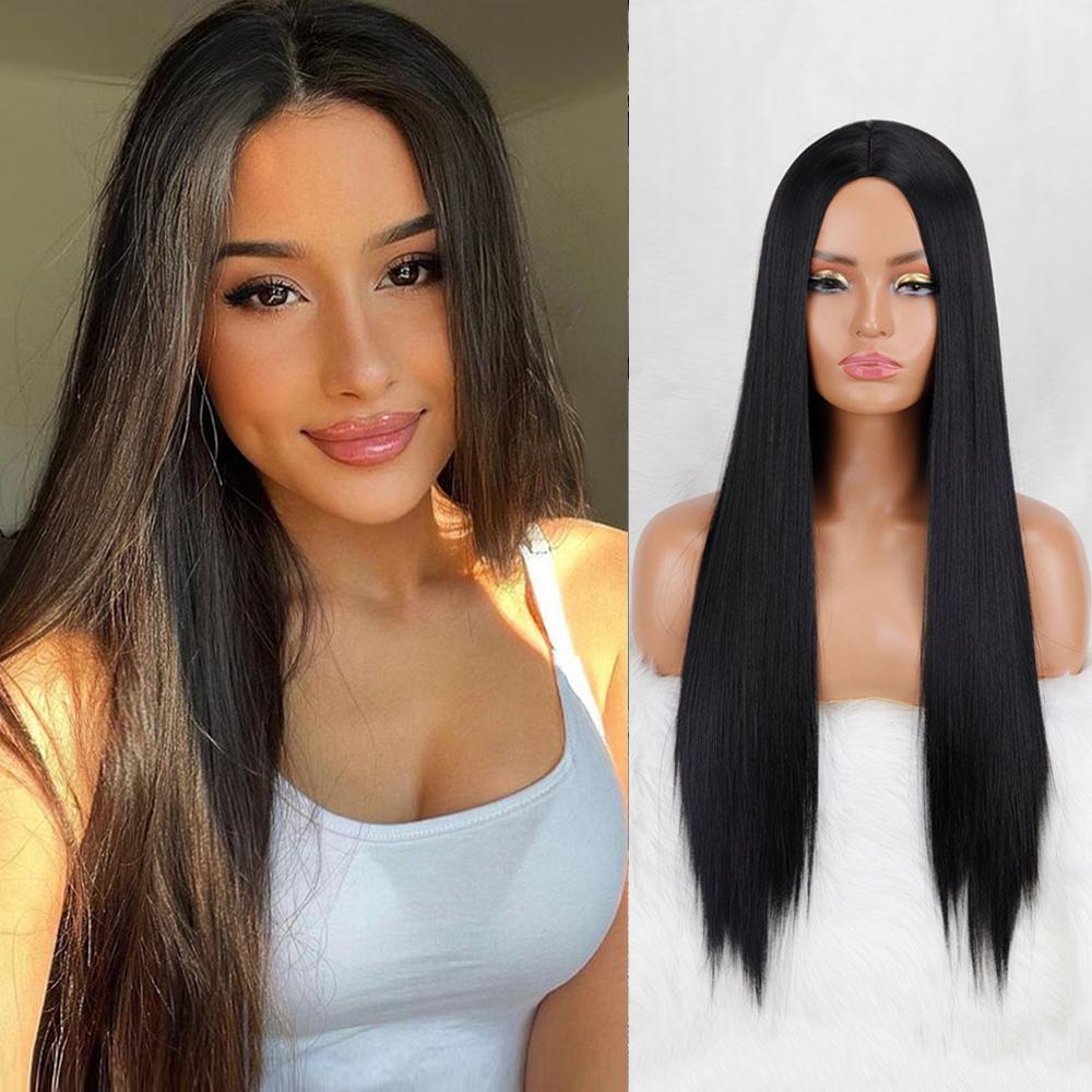 

MERISIHAIR женский модный длинный прямой парик с омбре черно-коричневый без челки длинный прямой парик из синтетического волокна для женщин 26inches