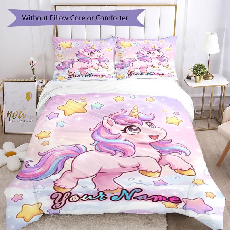 3pcs Custom Name Magical Unicorn Dreams Bedding Set Printed Bedding Set Duvet Cover Closure Includes 1 Duvet Cover & 2 Pillowcases Bedroom Decor