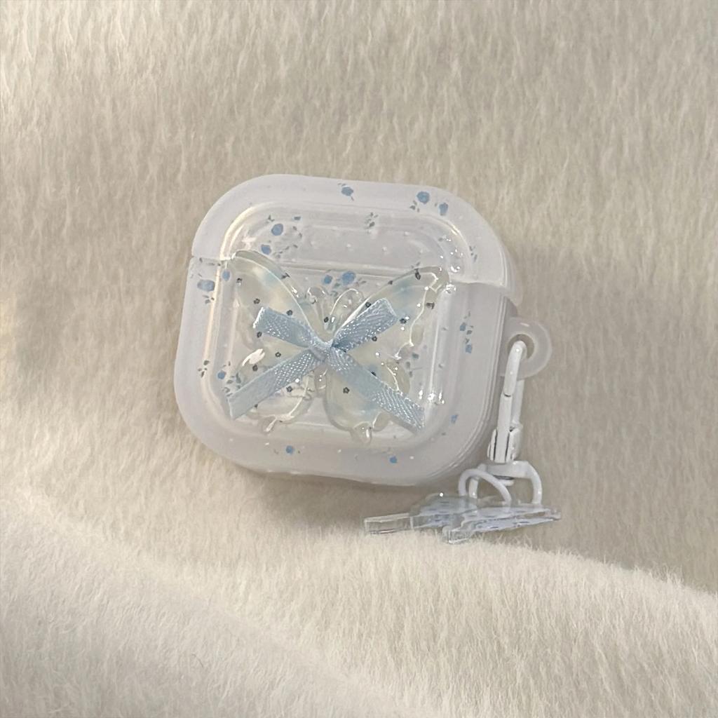 Korean Blue Flowers 3D Butterfly Bowknot Earphone Soft Case for AirPods Pro 3 2 Headset Cover For AirPods 4 3 2 1 With Keychain