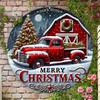Vintage Red Truck Metal Christmas Wall Sign 8 Inch Round Waterproof Holiday Home Decor Hanging Plaque