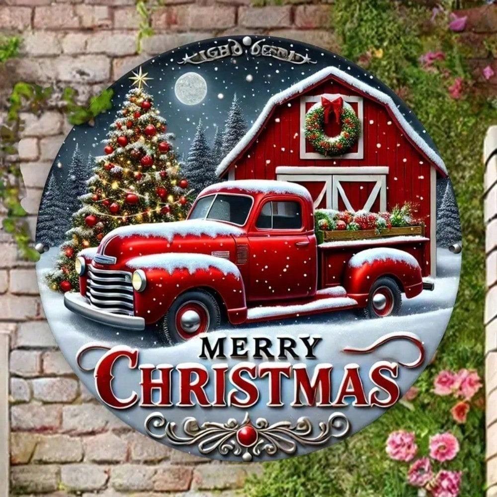 Vintage Red Truck Metal Christmas Wall Sign 8 Inch Round Waterproof Holiday Home Decor Hanging Plaque