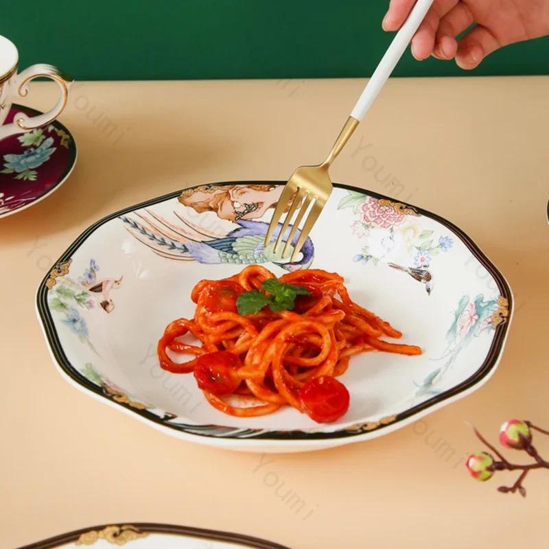 Light Luxury Ceramic Plate White Bird Blessing Style Western Dining Plate High End Tableware Set Salad Dishes Serving Tray