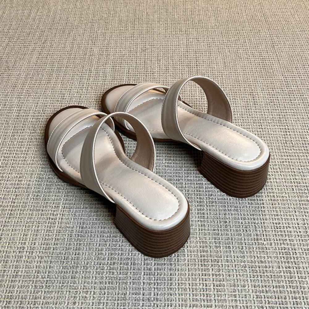 Retro One-word Slippers for Women's 2025 Summer New Mid-heel Outer Sandals Open-toed Thick-heeled Slippers Beach Shoes Women