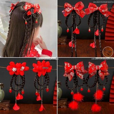 Chinesischer Neujahr Roter Haarclip mit Bommel & Quasten für Baby Mädchen Hanfu