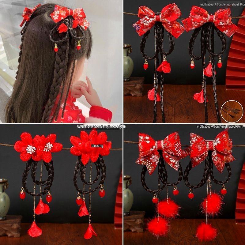 Chinese New Year Red Hair Clip with Pompon & Tassels for Baby Girl Hanfu