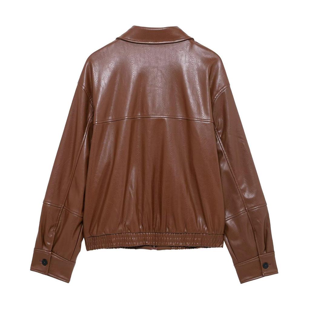 2025 Spring Women's Faux Leather Lapel Bomber Jacket