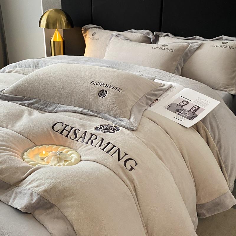 Light Luxury Embroidered Milk Fleece Bed Four-piece Set Winter Thickened Bed Sheet Quilt Cover Pillowcase