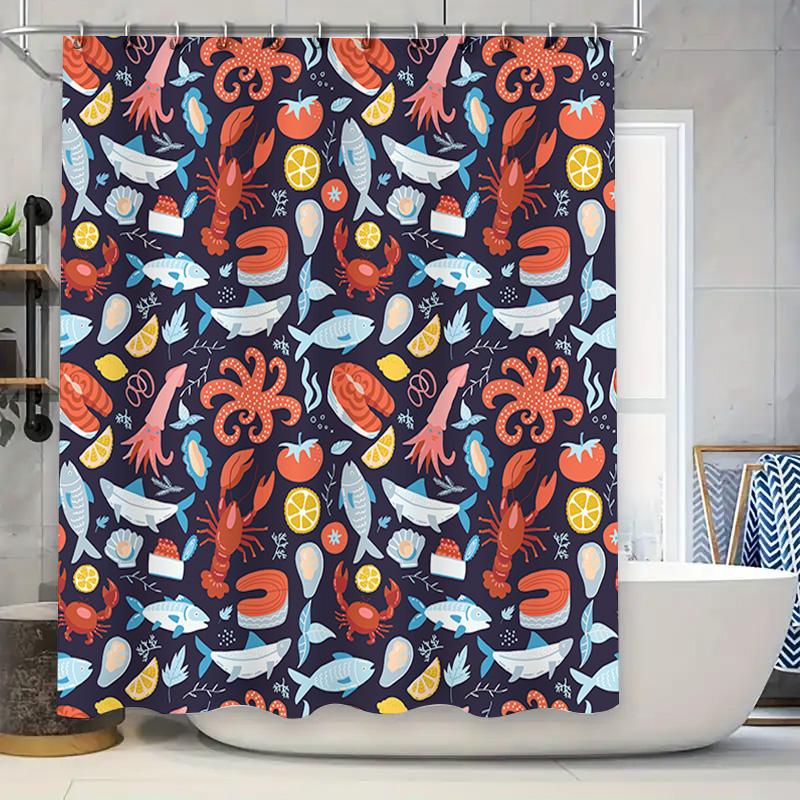 

Vibrant Ocean Life Shower Curtain Fish Seafood Pattern For Bathroom Decor Bath Mat Liner Navy Blue Background With Red, Orange, W60H190(CM)-1 Pcs