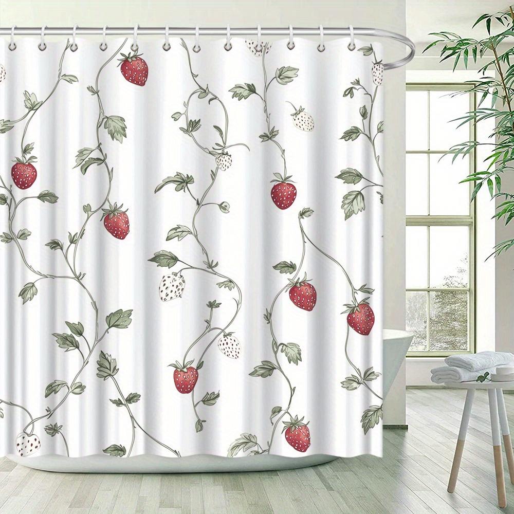 1 Strawberry Pattern Shower Curtain - Polyester Fabric with Hooks, White Background, Delicate Strawberry and Leaf Pattern