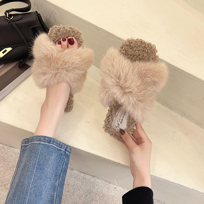 Fairy Wind Fluffy Slippers Female 2025 Autumn and Winter New Outer Wear Cross Flat Bottom One Word Plush Home Cotton Slippers