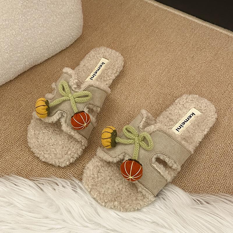 Fashion versatile cute cartoon girl one-word fluffy slippers women's 2025 autumn and winter new home thermal cotton slippers
