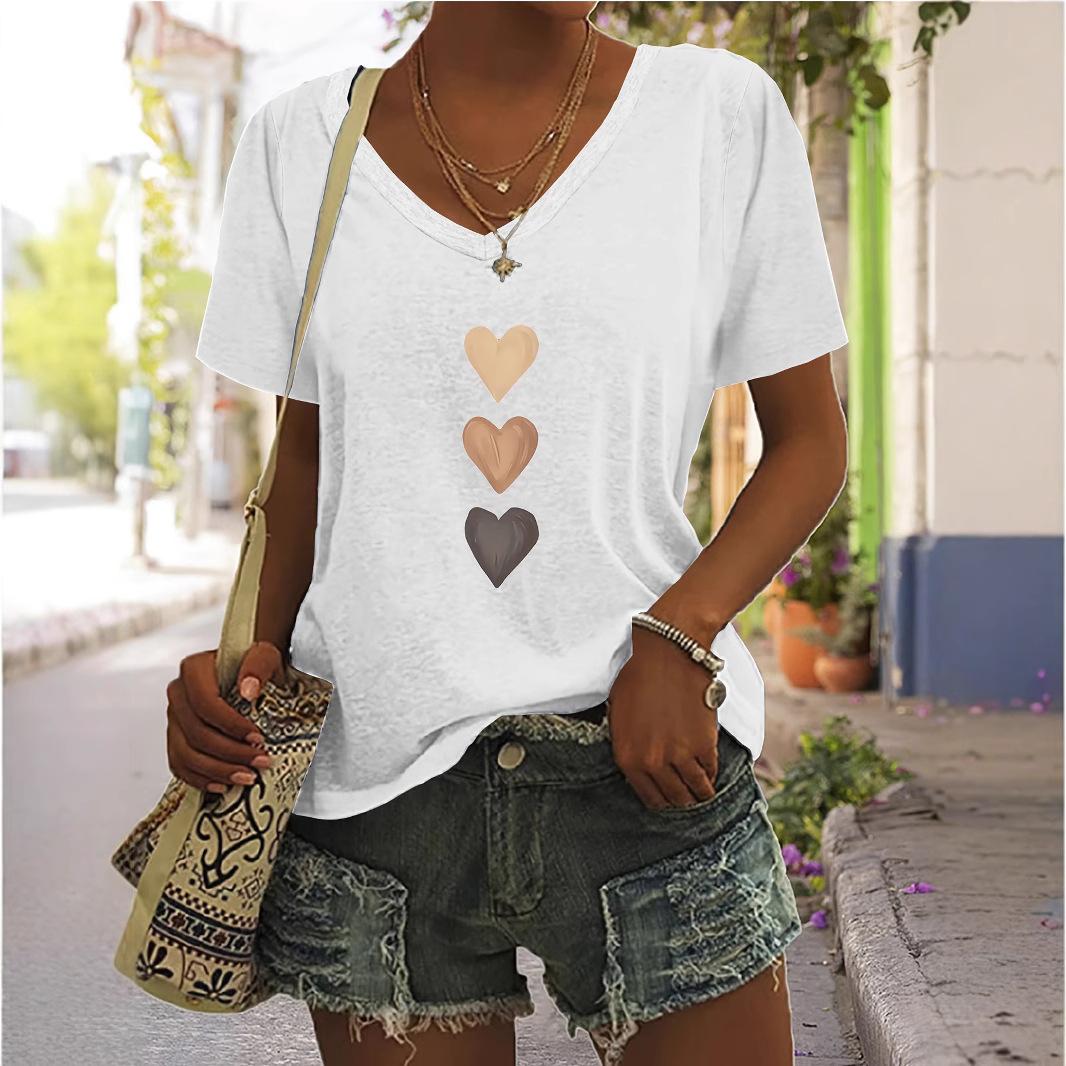 

V-neck Short Sleeved Simple Heart Printed T-shirts for Summer Loose and Slimming Versatile Women s T-shirts S білий