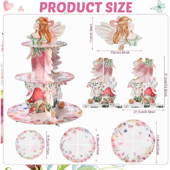 Honeydak 3 Tier Fairy Party Cupcake Stand Decorations Fairy Theme Cupcake Holder Decorations Wing Ballet Dancer Dessert Tower for Kids Party Birthday