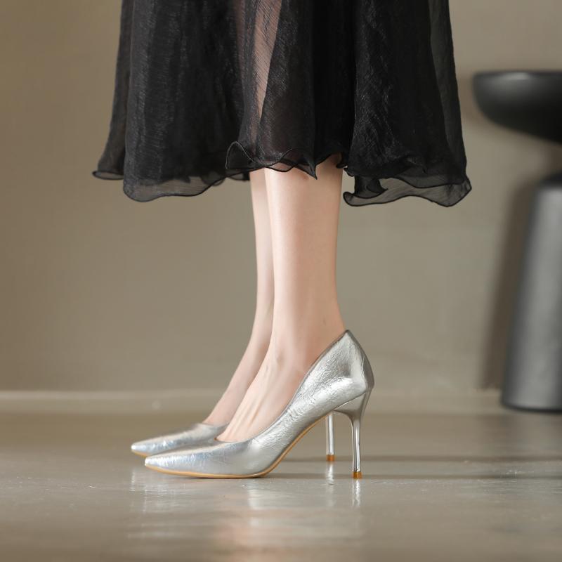 2025 Spring Summer New Plus Size Foreign Trade Women's Pointed Toe Silver Fine Heel High Heel Women's Sexy Banquet Fashion Singl
