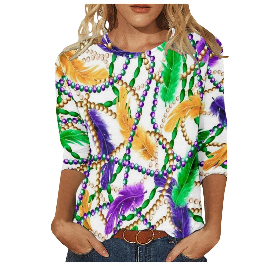 Long Sleeved Glamorous Mask Patterned Top Carnival Themed Printed Women's T-shirts