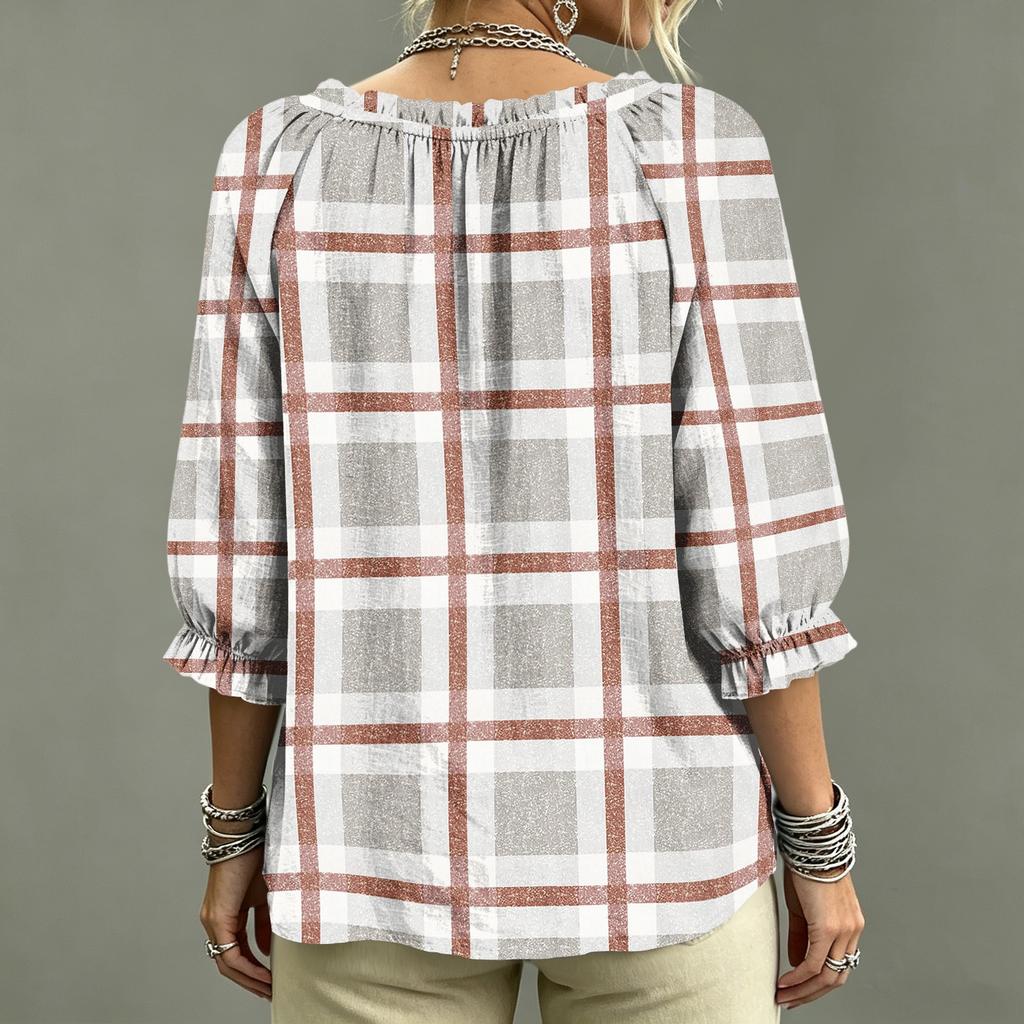 Women's Plaid Print V-Neck Blouse with Ruffle Trim, Tie Front and for Casual Wear