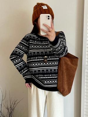 Plus Size Retro Jacquard Sweater Pullover for Women - Winter 2025 Loose Casual Knitwear