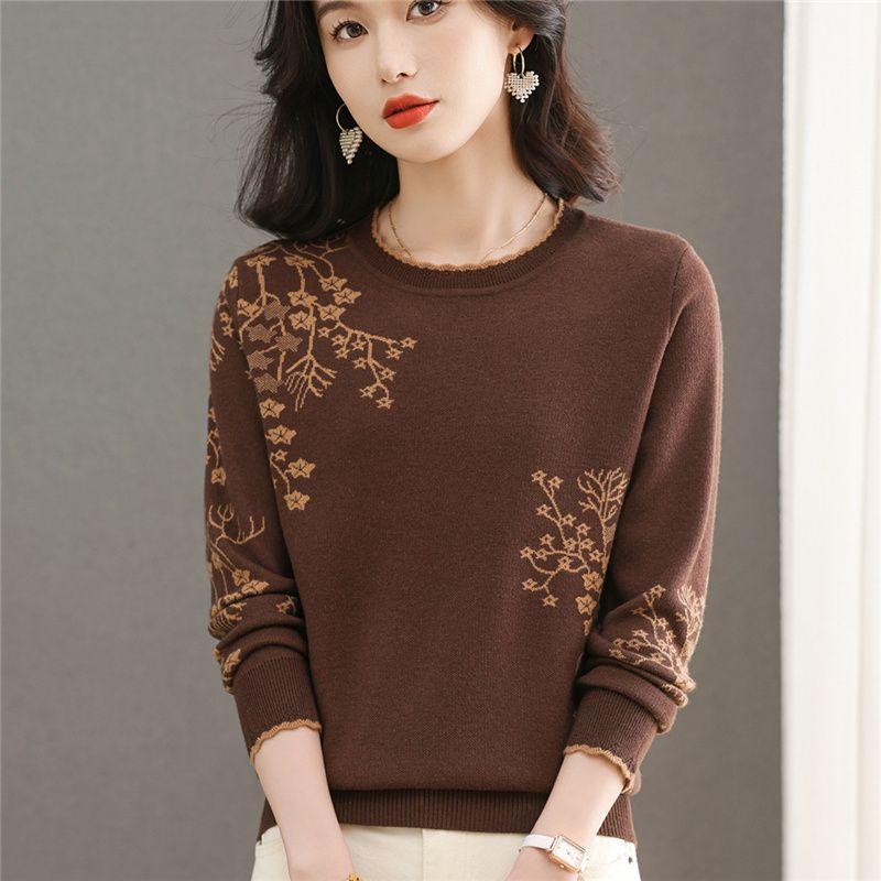 Winter Women's Wool Sweater  Crew neck Printed Wool Sweater Soft Warm Knit Pullover
