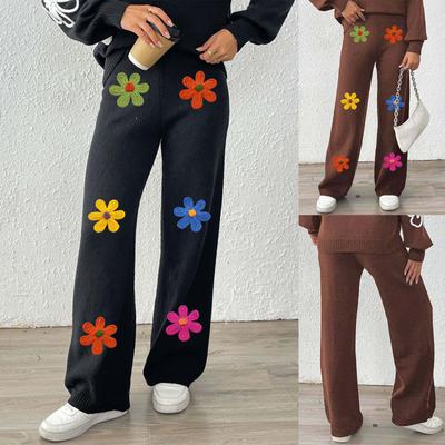 Dame Casual Broderte Blomstrede Lappeteppe Mote Rette Ben Bukser Vide Ben Bukser Vevde Ullbukser