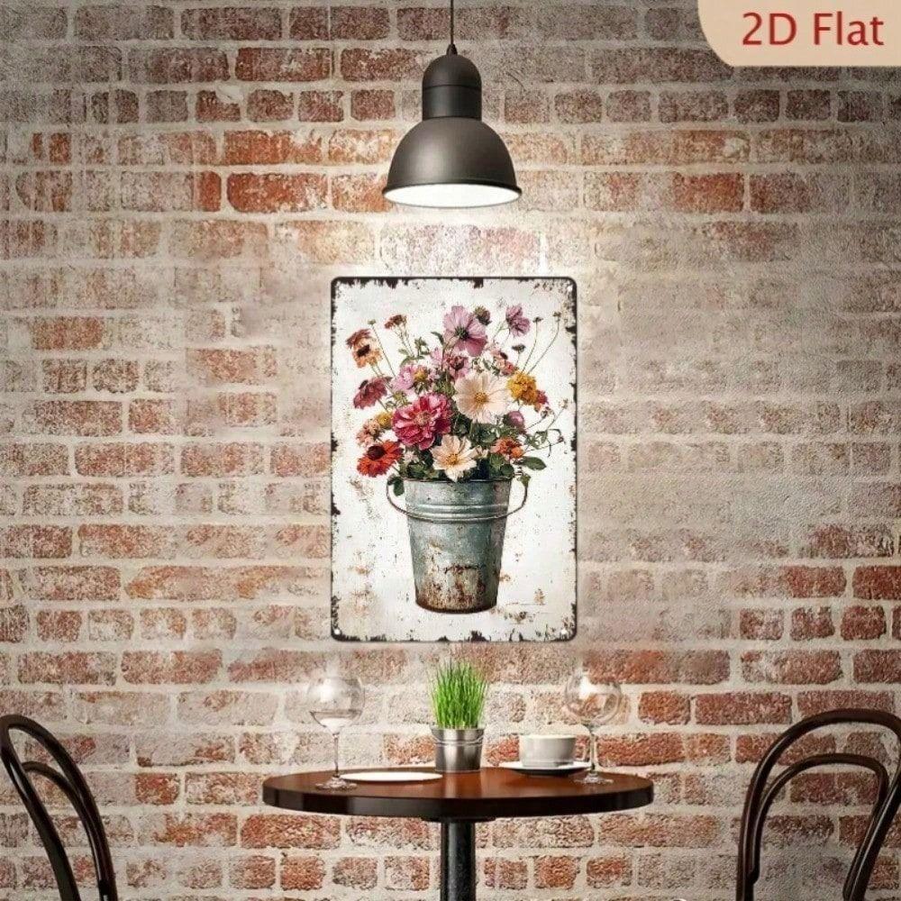 Vintage Wildflower Bouquet Metal Wall Art, Rustic Farmhouse Decor for Living Room