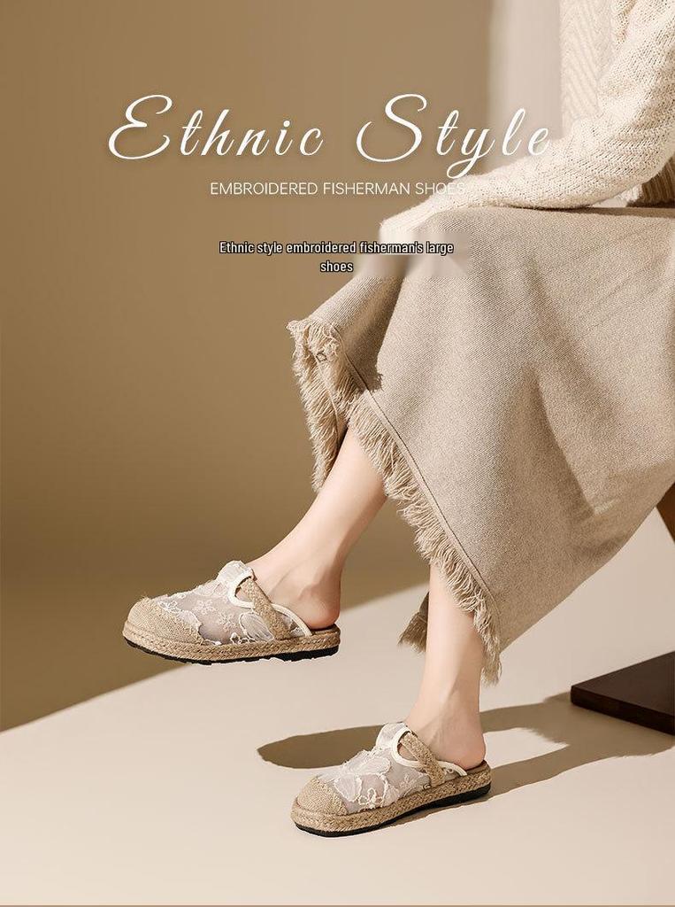 Women's Ethnic Round-Toe Cloth Slippers, Elegant Floral Embroidery, Mesh Retro Style, W005 Summer Collection.