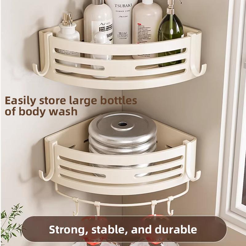 Cream-style Bathroom Storage Rack, Corner Basket, No-drill Wall-mounted Shelf for Restroom