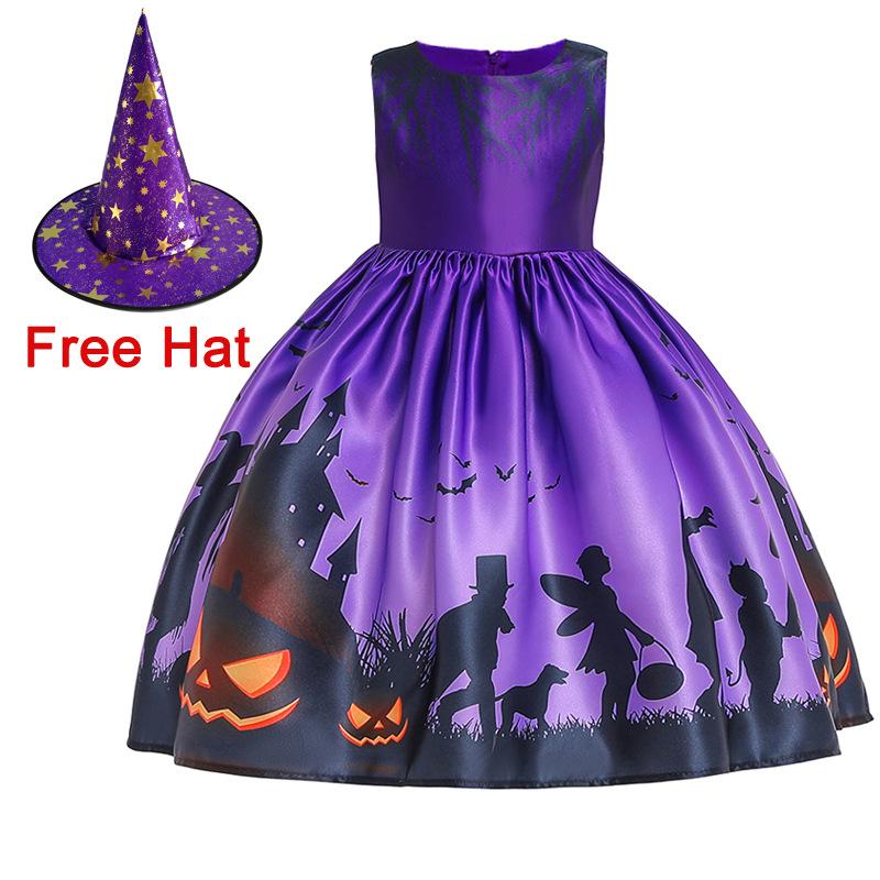 Kids' Halloween Witch Cosplay Cartoon Print Dress