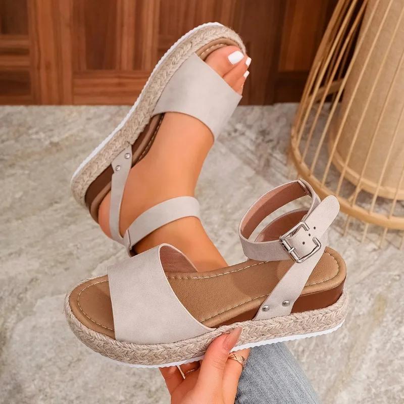 2025 Summer Women's Ankle-Wrap Rome Sandals Platform Buckle Strap Wedges Non-Slip Plus Size Soft Sole for Beach & Daily Casual