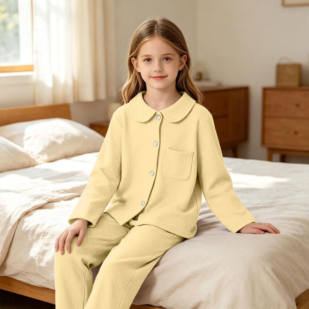 Boys and Girls Casual Polka Dot Pajama Set with Lapel Collar and Pockets for Sleep