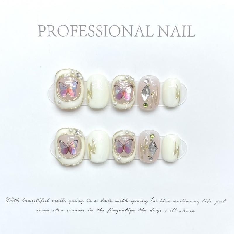 Baroque Butterfly Nail Stickers Pearl-encrusted Short Round Shape Sweet And French Style