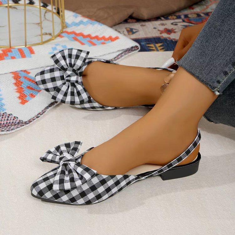 Fashion Pointed Toe Butterfly-knot Women's Fashion Low Heel Sandals Spot Checkered Office Ladies Flat Sandals Elegant Ankle Straps Shoes