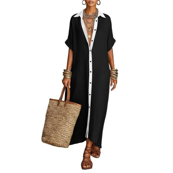 Sommer-Maxikleid für Damen Knopfleiste Kurzarm Tunika-Hemdkleid Lässig Reise Urlaub Locker Lang