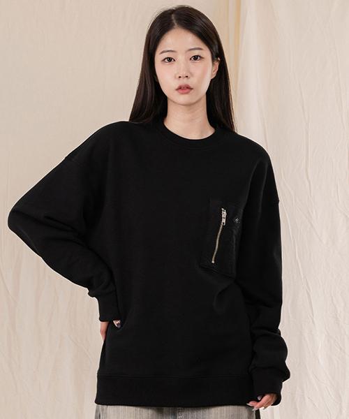 Ellamo French Terry Zipper Pocket Oversized Sweatshirt [Black]