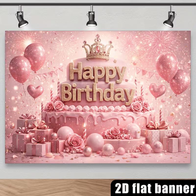 2D Pink Glitter Birthday Photography Background with Balloons & Gifts