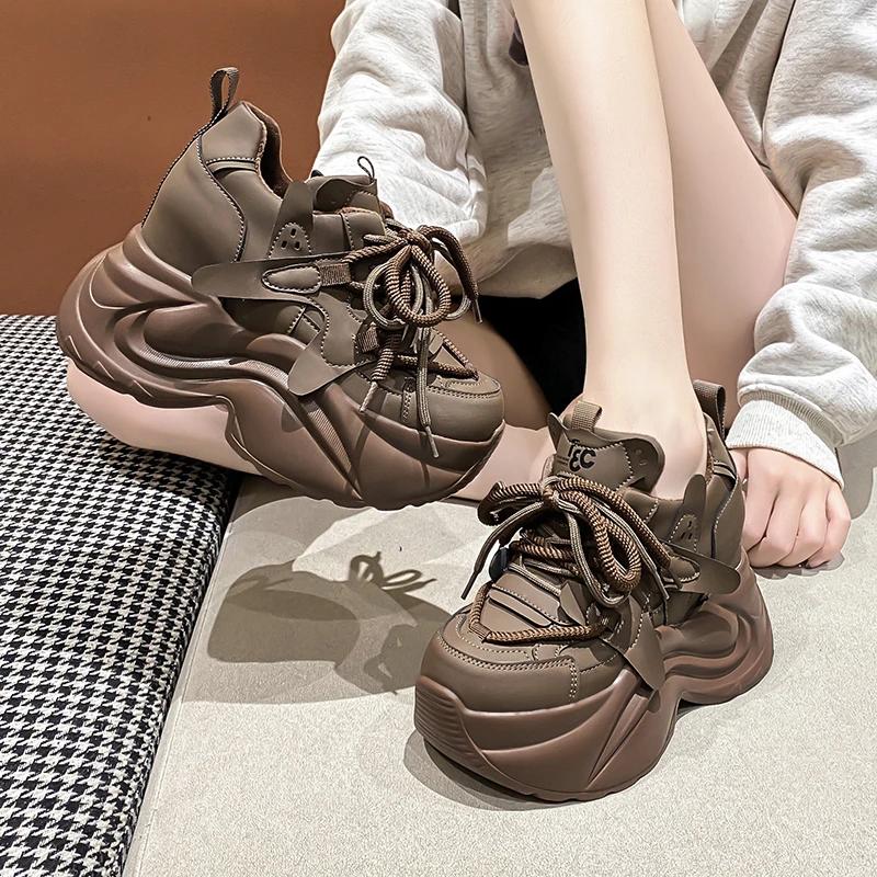 Fashion Autumn Winter Warm Chunky Sneakers Women Lace Up Platform Sports Shoes Woman Thick Bottom High Heels Female 10CM Wedges Sneakers