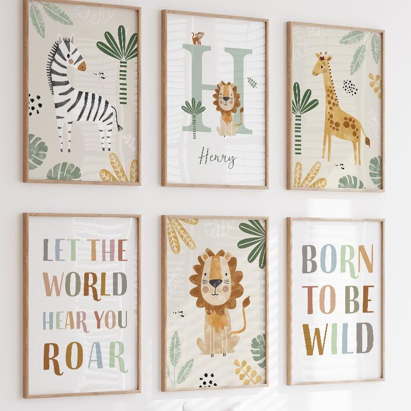 Cute Lion Giraffe Zebra Leaf Nursery Wall Art Canvas Painting Jungle Animal Posters And Prints Pictures for Baby Kids Room Decor