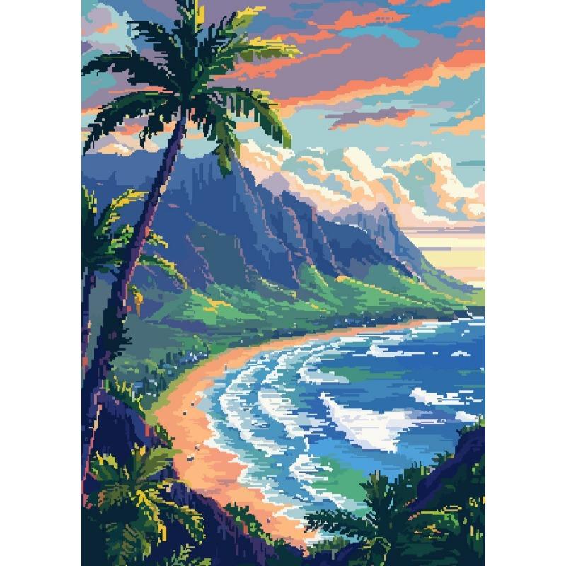 Hawaii Pixel Art Travel Landscape Poster Flower Island Sand Beach Sky Scenery Canvas Painting Room Home Wall Decor Mural